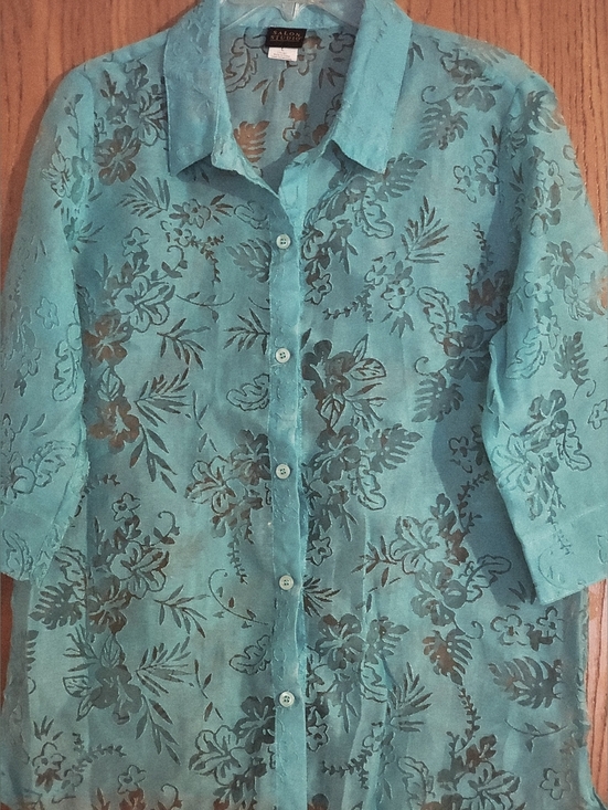 Salon Studio Tops - Salon Studio Collar Women's Aqua Semi Sheer Laced Button Down Top Blouse Sz L
